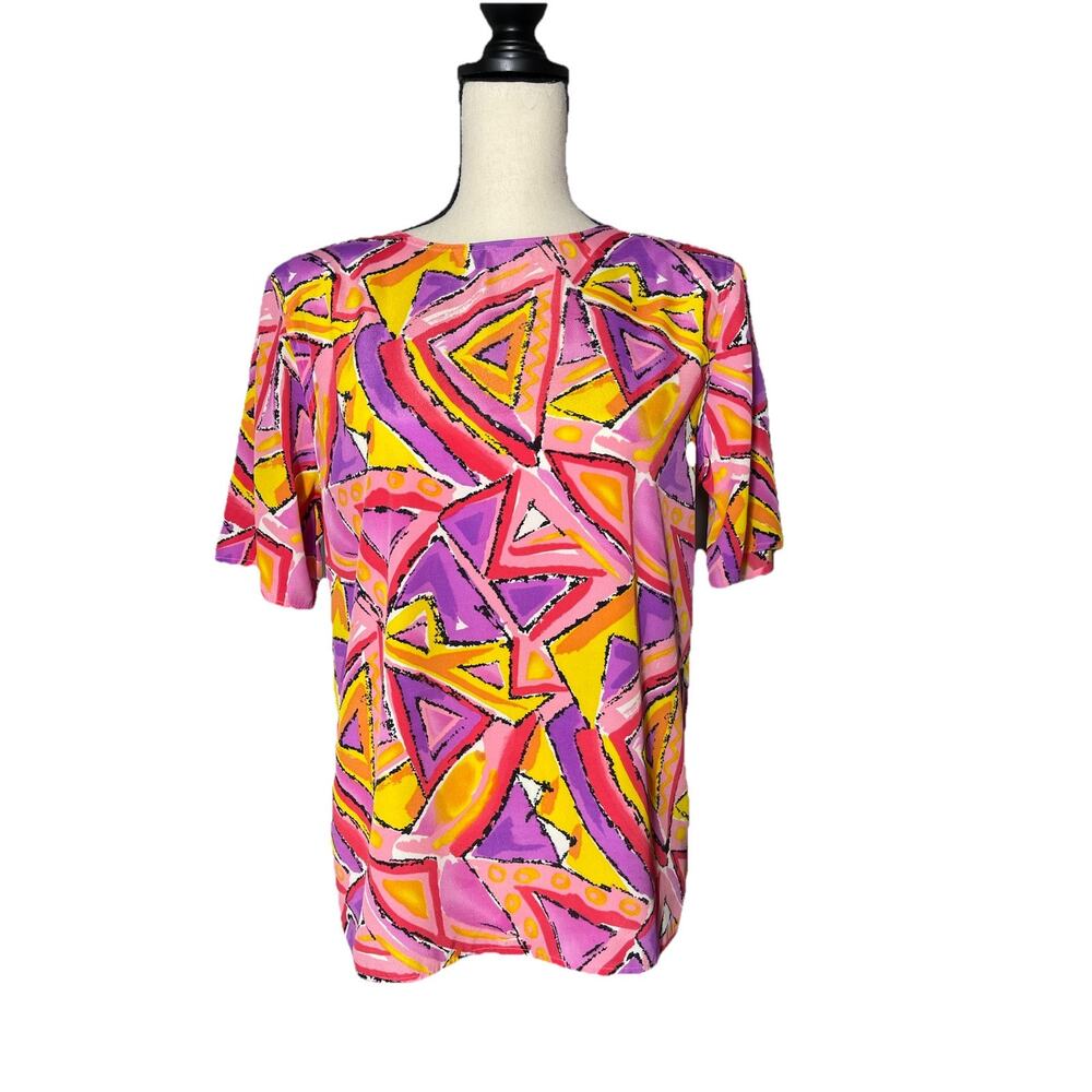 Tess Vintage Retro 80’s Neon Artsy Geometric Print Blouse Pink Funky Top, S
